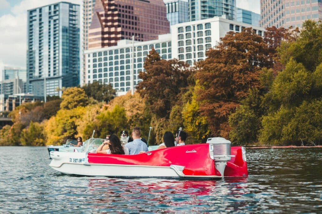 Couples enjoying the Retro Boat Rental tour on Lady Bird Lake