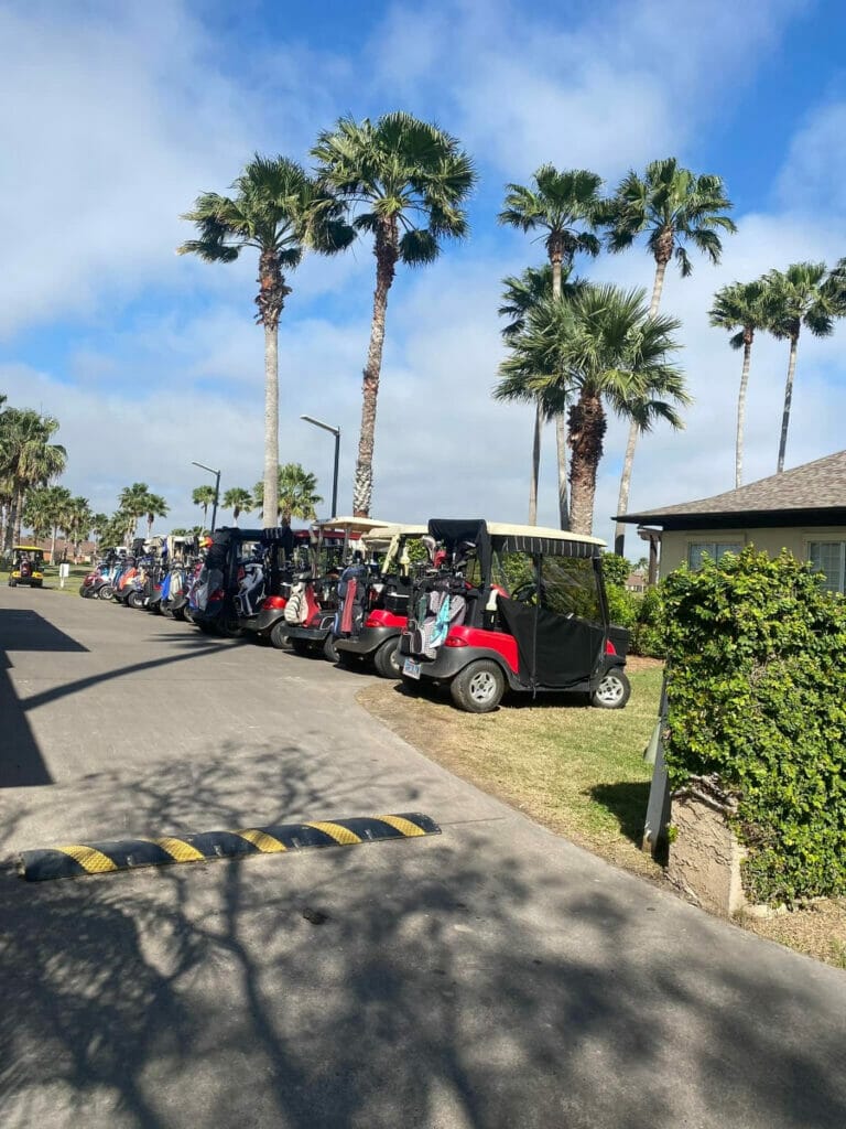 Image of golf carts lined up at the SPI golf club 