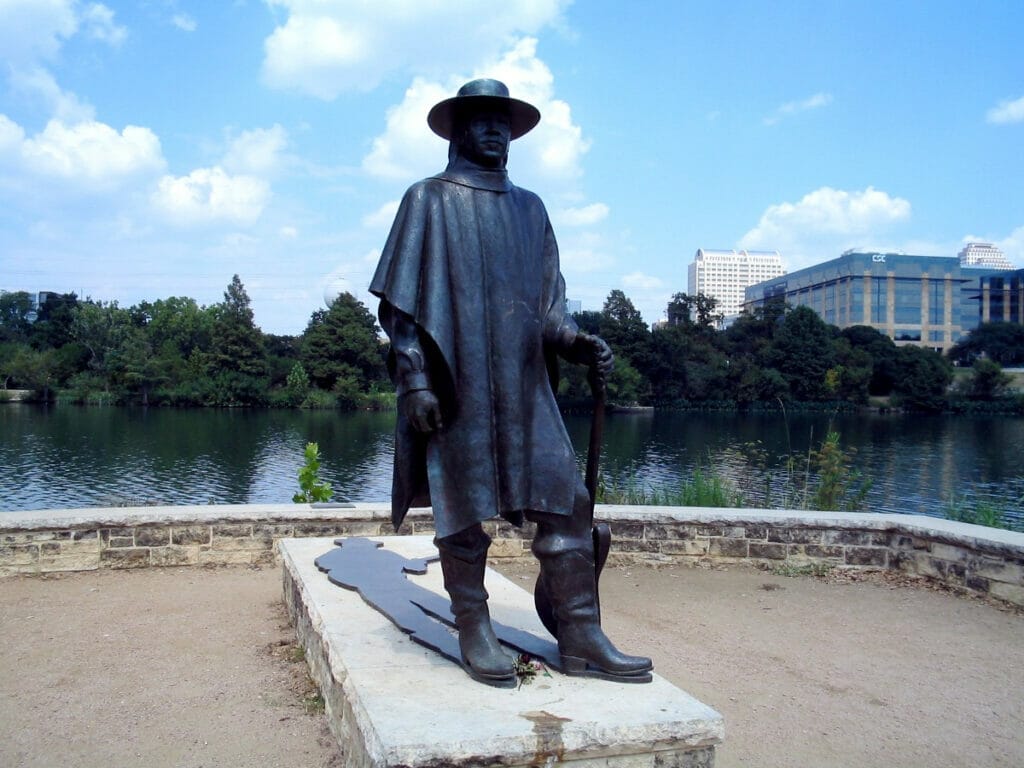 Stevie Ray Vaughan memorial statue on Town Lake in Austin, Texas.