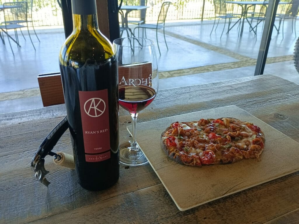 Red wine and pizza from Arches Winery 