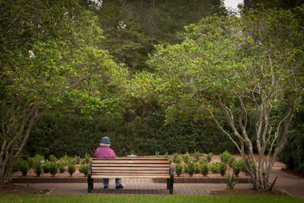 Lady sitting on park bench in Mercer Arboretum