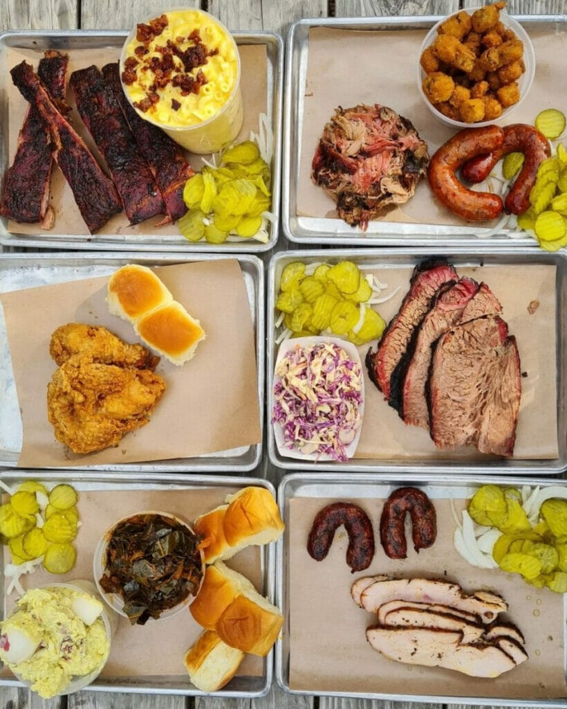 Different food platters at Pecan Lodge 