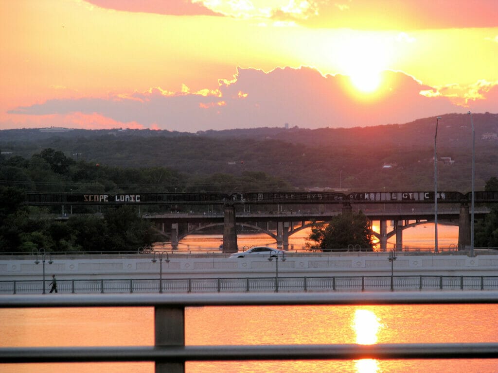 Pfluger Pedestrian Bridge at sunset