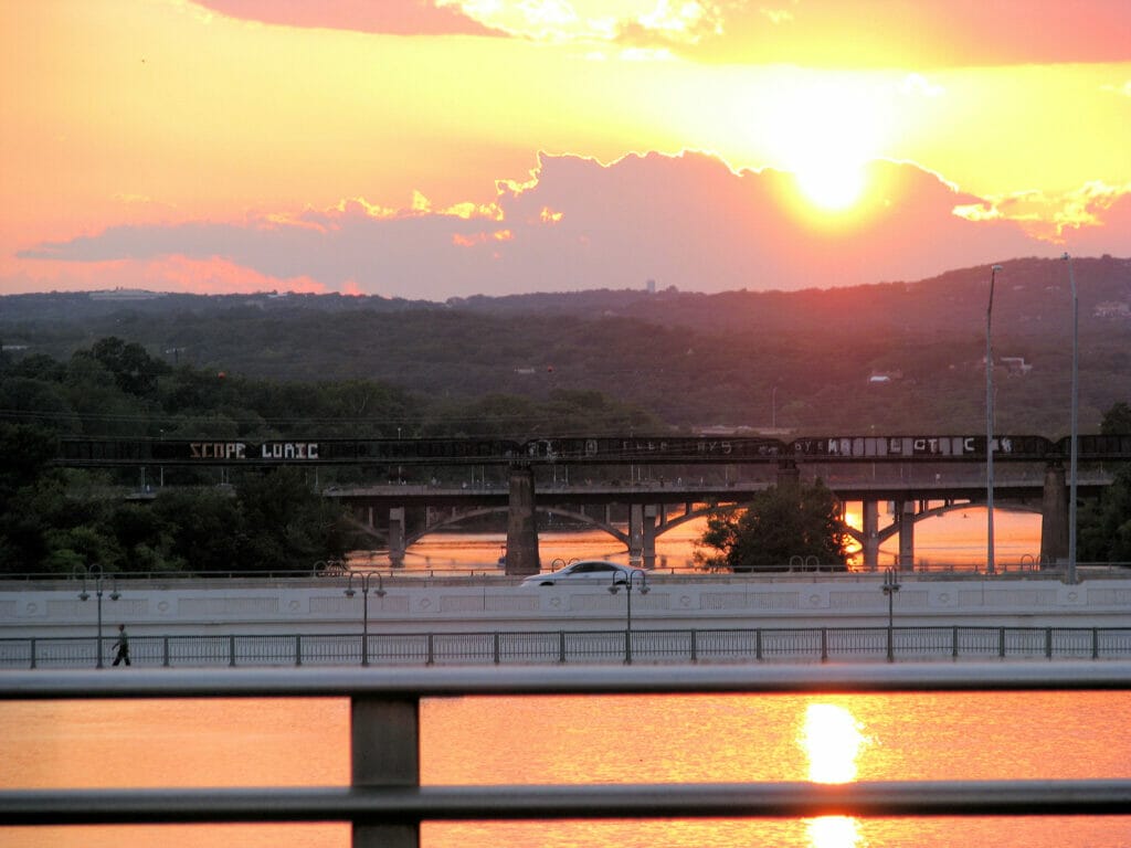 Pfluger Pedestrian Bridge at sunset 