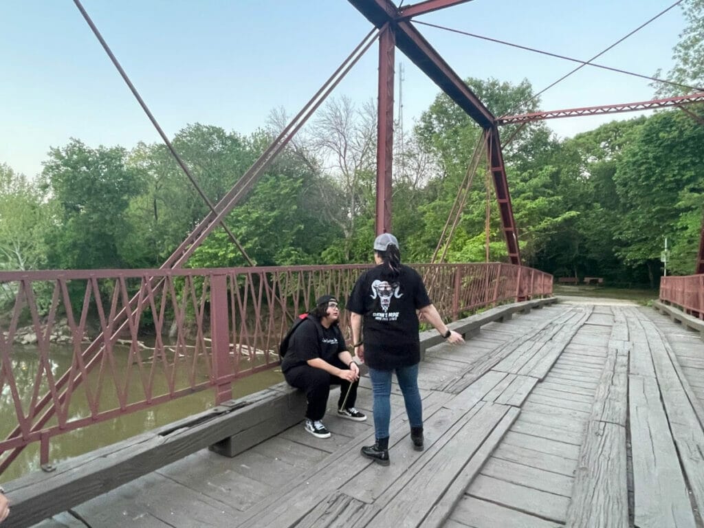 People on the ghost tour on Goatman's Bridge 